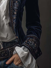 Veste Longue en Velours de Polyester Vintage Marine Brodée