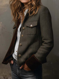 Blazer en Tweed Herringbone Vintage avec Finitions en Velours