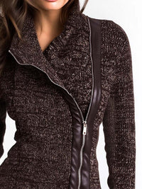 Veste en Tricot Côtelé à Fermeture Éclair Asymétrique Marron
