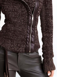 Veste en Tricot Côtelé à Fermeture Éclair Asymétrique Marron