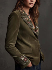Blazer en Velours Vert Olive avec Broderies Florales Intriquées
