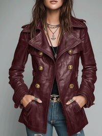 Veste en simili cuir noir vintage à double boutonnage