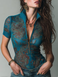 Blouse Slim-fit à Manches Courtes Imprimée Vintage avec Fermeture Éclair Frontal