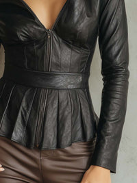 Veste en Simili Cuir à Ourlet Évasé Rétro