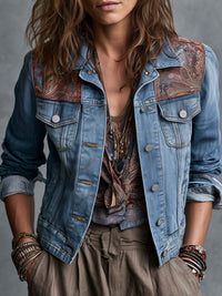 Veste en Jean Boho avec Panneaux Épaules Paisley