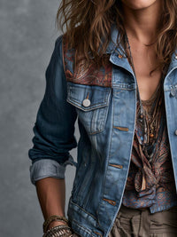 Veste en Jean Boho avec Panneaux Épaules Paisley