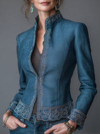 Blazer ajusté à col montant brodé de style vintage