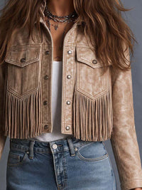 Veste Croppée en Similicuir avec Franges Western