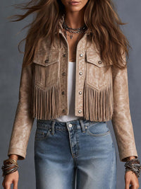 Veste Croppée en Similicuir avec Franges Western