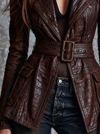 Veste de moto en simili cuir brun rétro avec embossage crocodile et ceinture