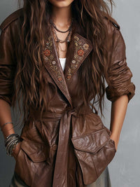 Veste à taille nouée en broderie florale marron bohème