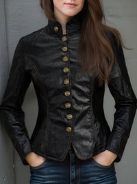 Veste en PU avec Col Montant et Boutons Métalliques Rétro