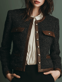 Veste en Tweed avec Détails en Cuir Vintage Classique