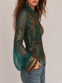 Veste courte à zip intégral en mesh transparent avec col imprimé paisley boho et manches évasées