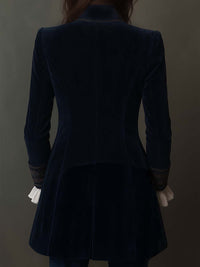 Veste Longue en Velours de Polyester Vintage Marine Brodée