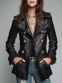 Veste en simili cuir noir vintage à double boutonnage