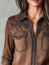Veste Chemise Utilitaire à Zip avec Couture Contrastée Vintage Marron Lavé