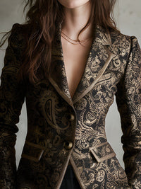 Blazer Ajusté à Revers Enveloppés en Jacquard Paisley de Luxe Silencieux