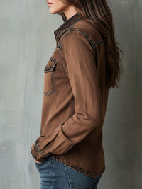 Veste Chemise Utilitaire à Zip avec Couture Contrastée Vintage Marron Lavé