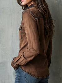 Veste Chemise Utilitaire à Zip avec Couture Contrastée Vintage Marron Lavé