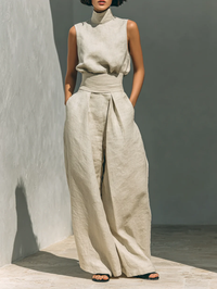 Julie | Ensemble deux pièces beige en lin avec haut sans manches et pantalon large