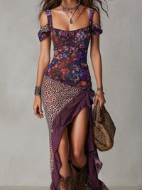 Lys | Robe maxi violette style nomade urbain à imprimé léopard, fleurs et fente haute
