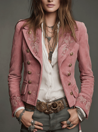 Veste en Suède Vintage à Double Boutonnage avec Broderie