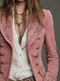 Veste en Suède Vintage à Double Boutonnage avec Broderie